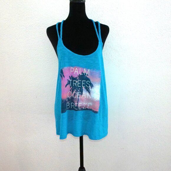 No boundaries, Blue palm trees tank top, with braided straps design. - Picture 2 of 10